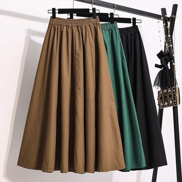 

brown,black,green summer midi skirts japan harajuku saia women elastic high waist umbrella long skirts plus size m 3xl
