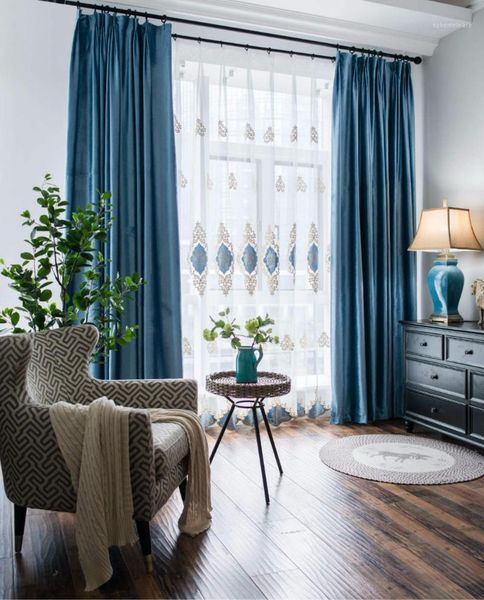 

embroidered tulle flannelette curtains blue blackout curtains for living room l european simple design window drape1