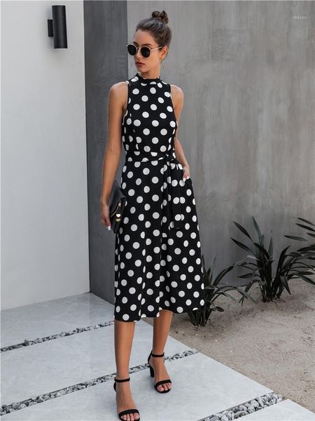 

summer 2020 dot print women dress new casual o-neck midi dress ladies sleeveless whtie beach sundresses holiday vestidos1, Black;gray