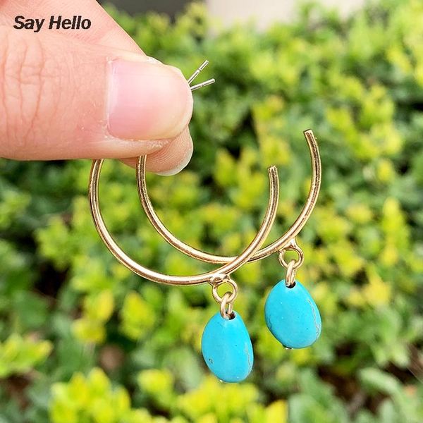 

hoop & huggie say hello boho turquoises metal inlaid stone earrings delicate alloy tassel dangle jewelry women e10119, Golden;silver