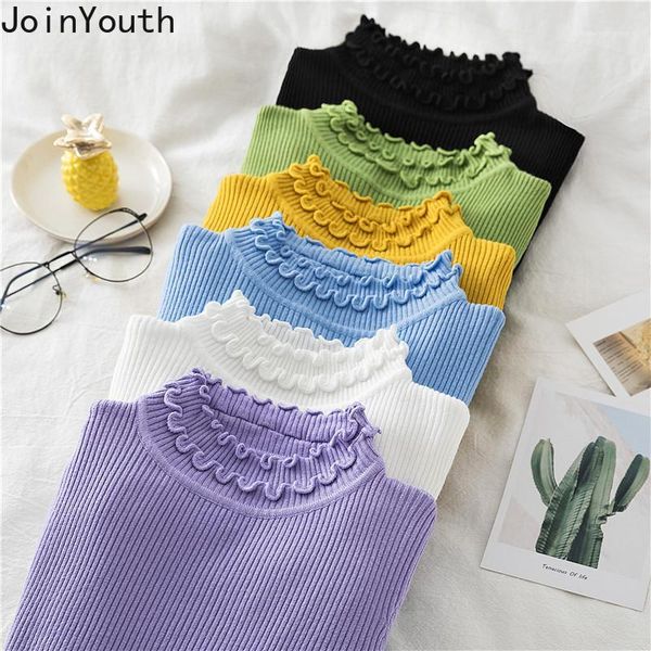 

women's sweaters joinyouth knitwear women half turtleneck sweater solid ruffles slim fit corpped pullovers long sleeve sueter female 7, White;black