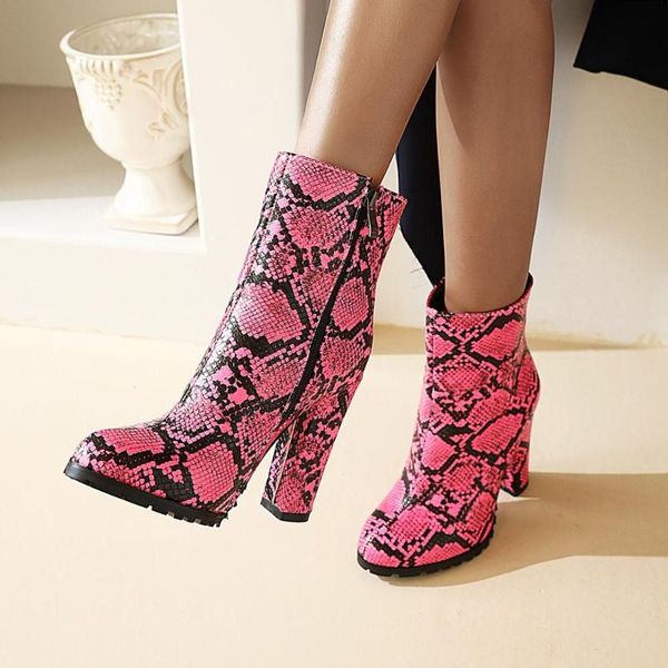 

boots ankle booties women women's rubber shoes rain snake print round toe low heels booties short high heel large size, Black