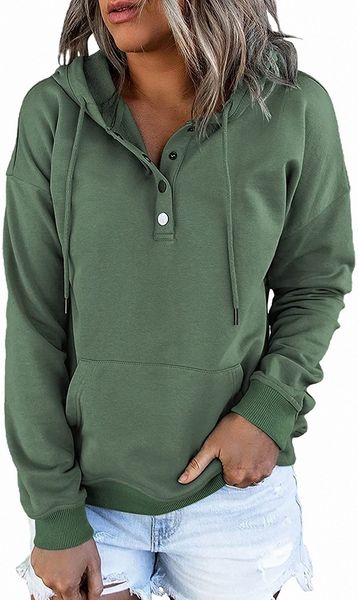 

womens fashion hoodies sweatshirt long sleeve button drawstring pullover with pockets u0zc#, Black
