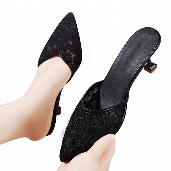 

lihuamao mules shoes women kitten heel slides slip on loafers lace mesh pointed toe stiletto heel comfortable slipper shoes, Black