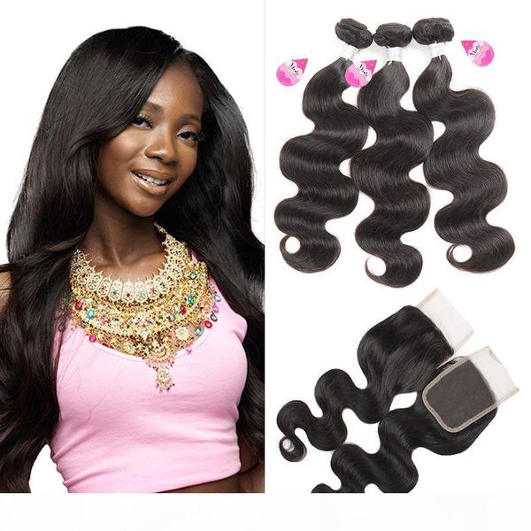 

brazilian virgin body wave human hair with closure 10a brazilian body wave bundles with 4*4 middle 3 part closure weave bundles wefts, Black