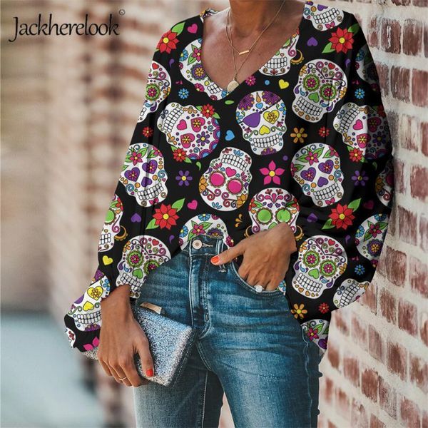 

jackherelook day of the dead skull skull gothic shirt women blouse casual chiffon female tee loose plus size blusa feminina1, White