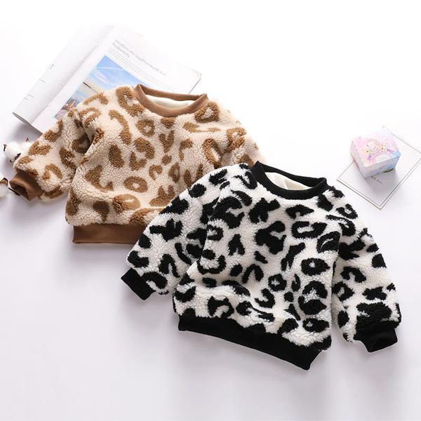 

pullover 2021 children s winter leopard print round neck sweater for boys and girls plus velvet padded, Blue