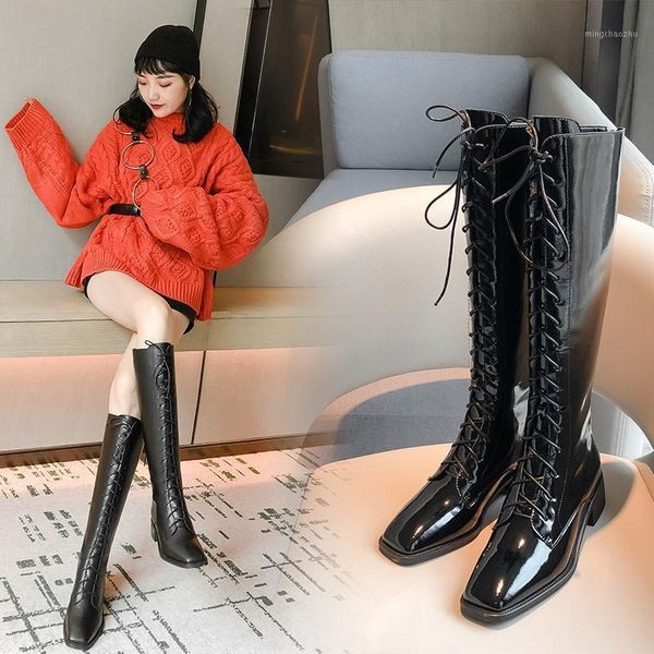 

boots 2021 winter riding women's shoes patent leather keep warm knight knee-high botas mujer1, Black