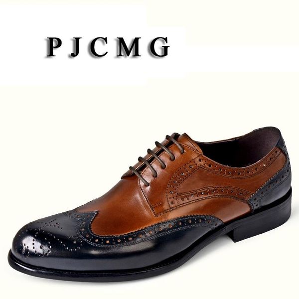 

dress shoes pjcmg fashion comfortable patchwork genuine leather lace-up carved pointed toe flat man casual classic gentleman, Black