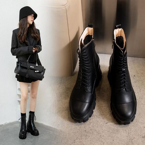 

fashion zipper flat shoes woman high heel platform pu leather boots lace up women shoes white botas mujer girls33-43, Black