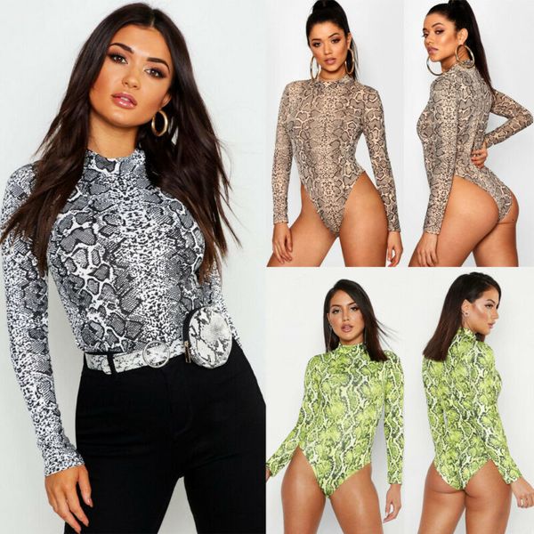 

women long sleeve turtleneck bodycon slim romper snake print clubwear party jumpsuits bodysuits leotard outwear, Black;white