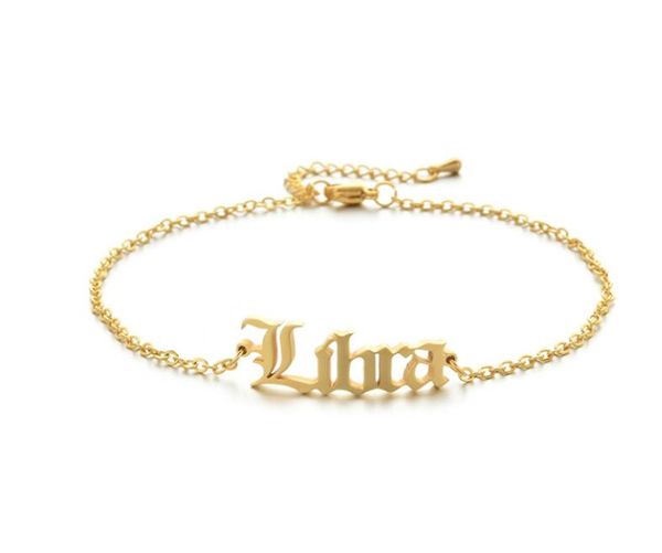 Antigo inglês 12 pulseira do zodíaco link cadeia para mulheres horoscope jóias de ouro chapeamento de aço inoxidável leo capricórnio sagittarius virgo aquarius letra pulseiras