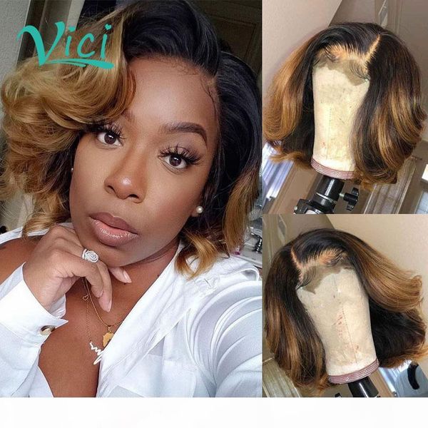 

ombre человеческие короткие волосы боб парик для черных женщин коричневый honey blonde цветные 13x4 фронта шнурка remy парика preplucked 150, Black;brown