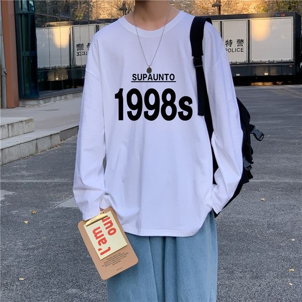 

autumn fashion brand ins printed long sleeve t-shirt men's korean version versatile loose couple bf style round neck t-shirt, Black