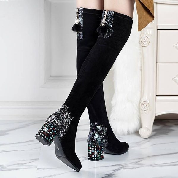 

women's over the knee thigh high rhinestones chunky heel black stretch boots winter botas mujer1
