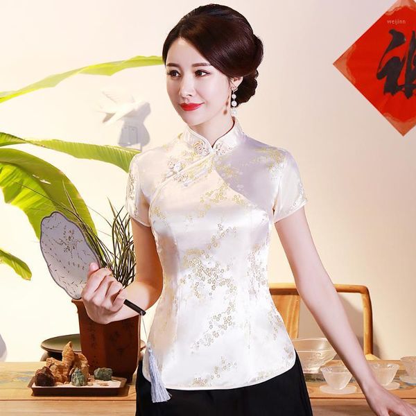 

chinese traditional women plus size 3xl 4xl blouse satin flower shirt vintage handmade button shirts short sleeve costume1, Red