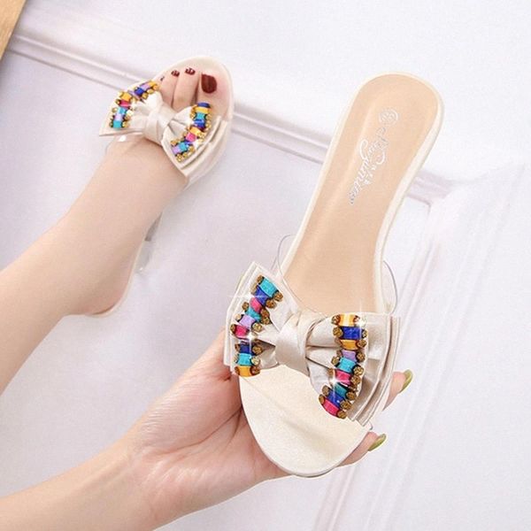 

female slippers womens shoes outdoor wedge slippers crystal bow women sandals 8cm high heel slides party shoes size 34-43 #gr0y, Black