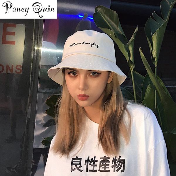 

cloches men women bucket hats japan and korea street style harajuku letters print streamers lace up cap ladies summer sun hat