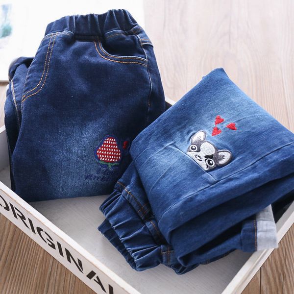 

брюки мультфильм вышитые джинсы двойной слой брюки для девочек оптом, Blue