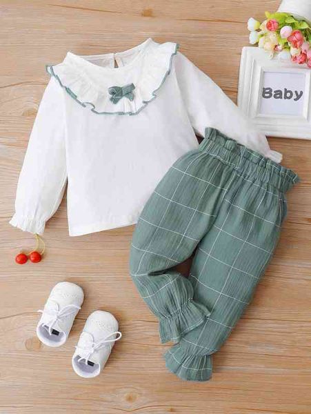 

baby ruffle trim flounce sleeve & windowpane print pants she, White