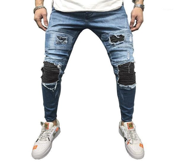 

2020 men's jeans new hole slim trousers denim casual men jeans straight slim cotton denim men pants1, Blue