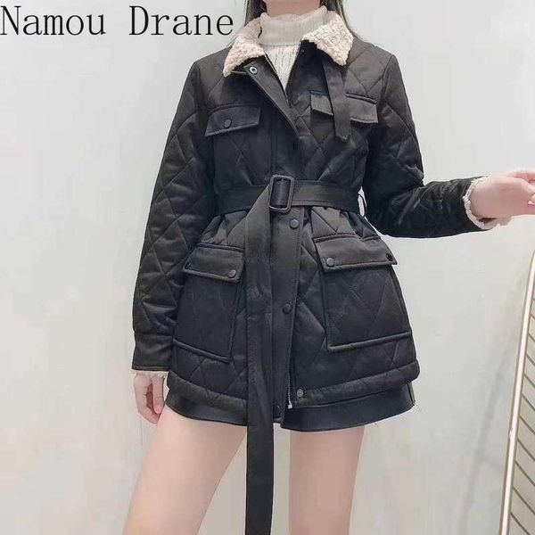 

2021 winter lamb hair cotton-padded jacket lapel retro rhombic padded medium and long warm cotton coat women slim and slim1, Black