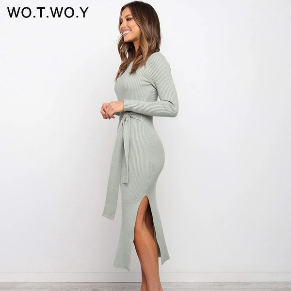 

wotwoy elegant autumn bodycon knitted dress women sheath wool long sleeve dresses women solid sashes cotton dress femme 2020 new1, Black;gray