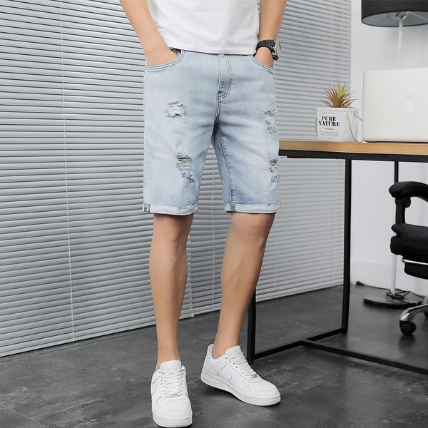 

qi weidi jeans men's shorts and shortssummer business youth hole straight tube loose five-point korean style trendy thin men's sho, Blue