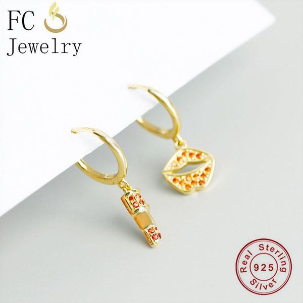 

fc jewelry 925 silver gold color asymmetric red zirconia kiss lip & lipstick bead pendant piercing hoop earring for women 2020, Golden;silver