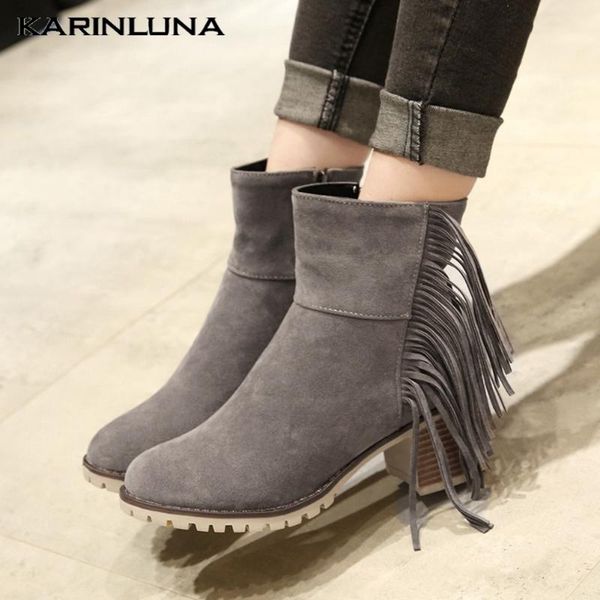 

dropship 2020 new brand women shoes fringe sqaure heels flock solid ankle autumn zipper boots, Black