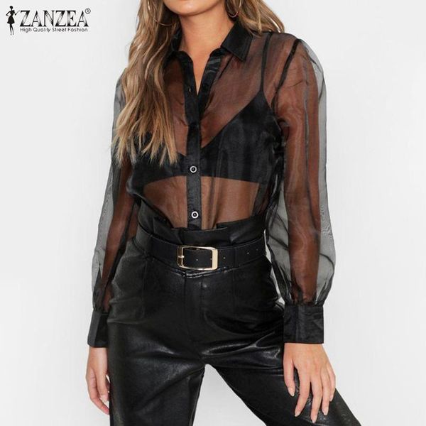 

oversized women's mesh blouse zanzea 2020 stlylish see-through shirts long sleeve blusas female button blusas summer 1, White