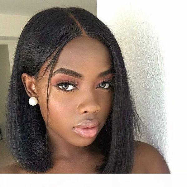 

short blunt cut bob wig for black women with pre-plucked hairline brazilian remy hair short lace front human hair wigs, Black;brown
