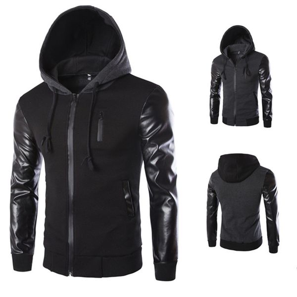 

2020 winter autumn men 's hooded jacket coat fashion stitching leather sleeve male zipper casual overcoat black dark gray m-2xl, Black;brown