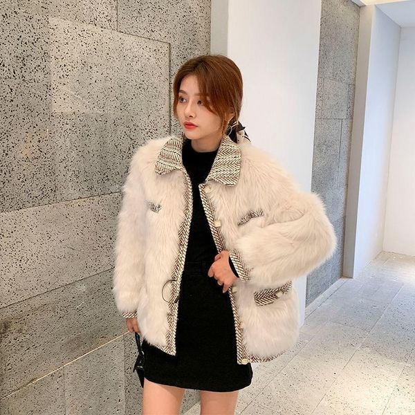 

new winter small fresh temperamental coat soft patchwork short color matching faux fur outwear female jacket, Black
