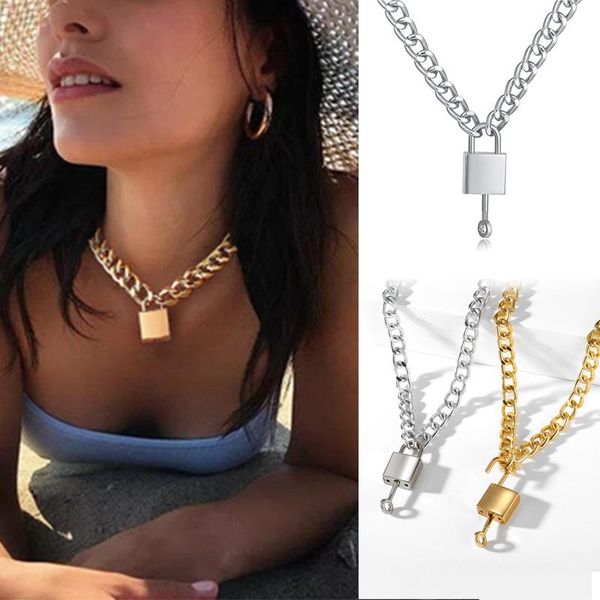 

fashion punk necklaces & cuban necklace chain hip hop choker gold lock key chain necklaces 2021 bohemian jewelry, Silver