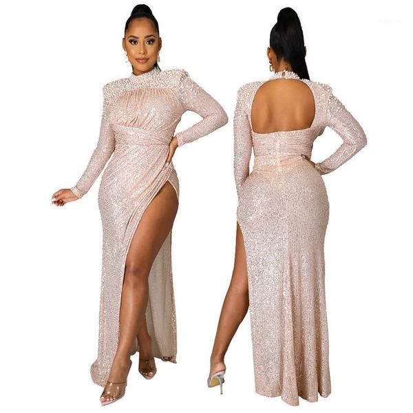 

2021 women glitter beading sequned patchwork high split dress long sleeve backless maxi long dress night club evening party1, Black;gray