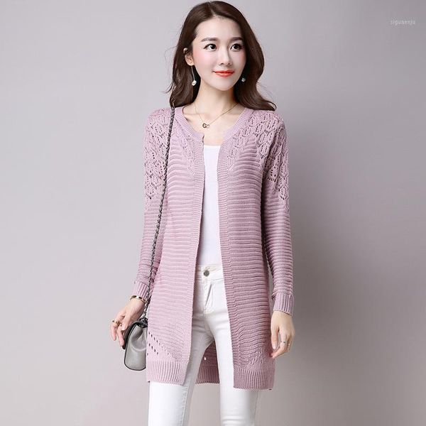 

2020 spring knit sweater women's cardigan new long-sleeved long section outside the hollow sweater jacket coat1, White