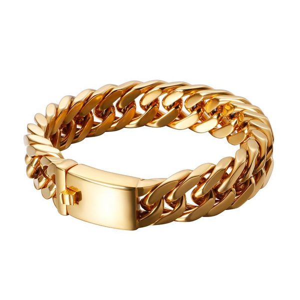 

15mm/19mm curb cuban link bracelet for men women jewelry punk hiphop gold heavy mens stainless steel bike bracelet pulseras, Black