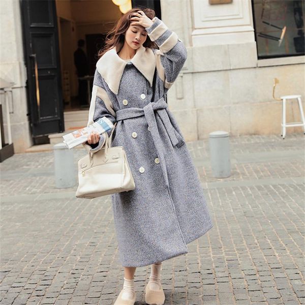 

women's wool & blends winter tweed coat women oversize lambwool splice double breasted thick trench office lady elegant plus size overc, Black