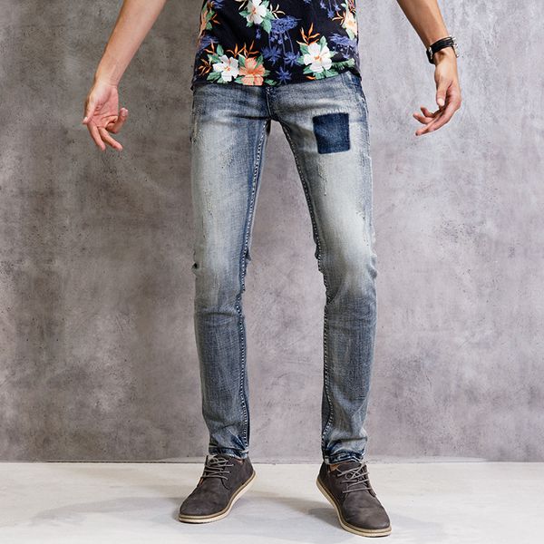 

2021 new quality elastic cotton breeches classic quality men torn jeans tyou, Blue