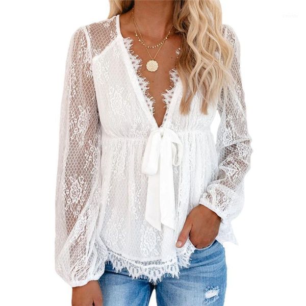 

women deep v neck black lace blouse office ladies elegant long sleeve embroidery stitching bowknot lace mesh shirts 1, White
