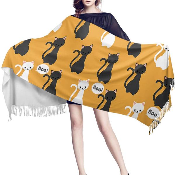 

scarves women cashmere scarf thin lady halloween black and white cat yellow shawls wraps female hijab long head, Blue;gray