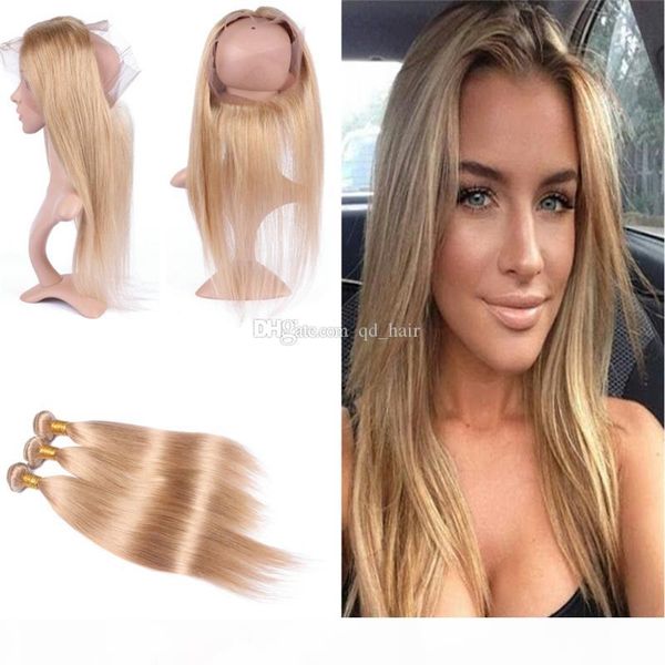 

pre plucked 360 frontal with blonde 27 hair extension silky straight 27 virgin human hair weaves with lace band frontal, Black