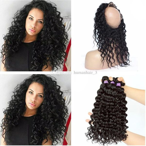 

9a deep wave 360 lace frontal with bundles deep curly raw indian human remy hair with 360 lace frontal closure and baby hair, Black;brown