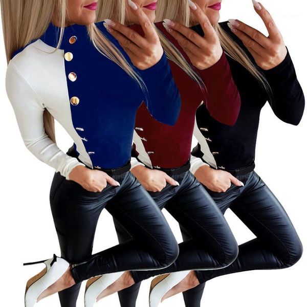 

new arrival 2020 womens t-shirts fashion splicing button design o-neck long sleeve slim pullover shirts patchwork color t-shirt1, White
