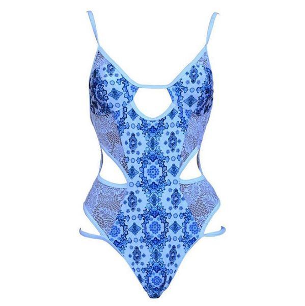 

womens embroidery one piece bikini set floral print swimsuits transparent lace swimwear spaghetti strap tied up beach wear, White;black