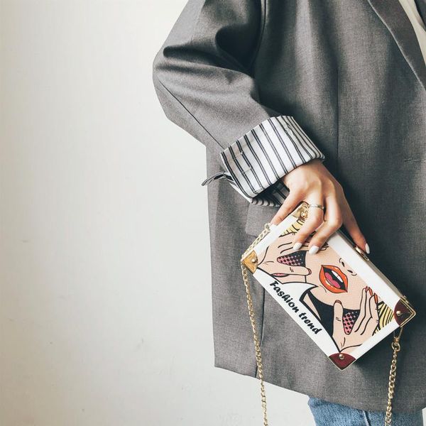 

luxury chian retro design women's handbag pu leather shoulder bag graffiti lock box messenger crossbody tote bag day clutch 593