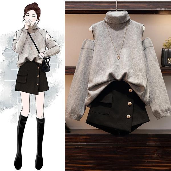 

women 2020 autumn winter casual 2 piece set female turtleneck hollow out loose knitted sweaters + woolen skirt shorts suits n2831, White