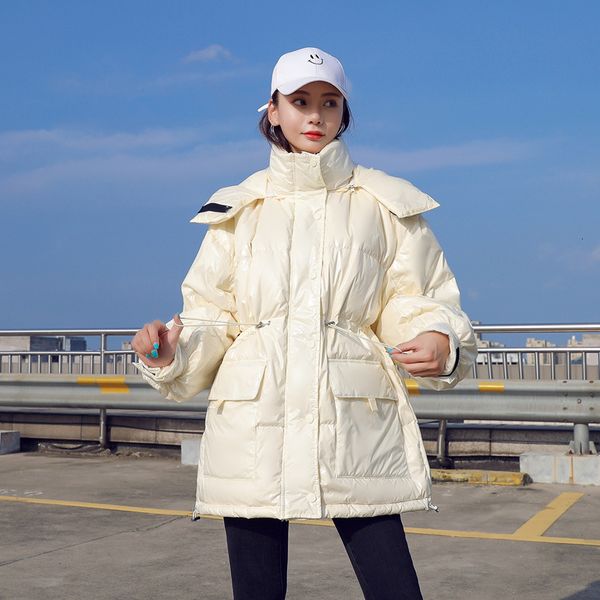 

2021 new winter white duck down midi length parka hooded women thick warm long coat loose outwear feminino parkas 8m4e, Black