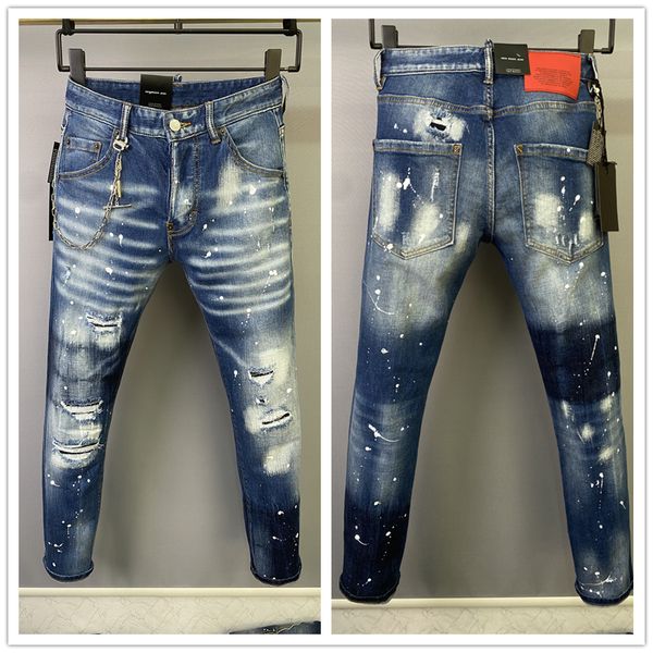 

2022 mens cool jeans pencil jeans skinny ripped destroyed stretch slim fit hop pants with holes for men 44-54, Blue
